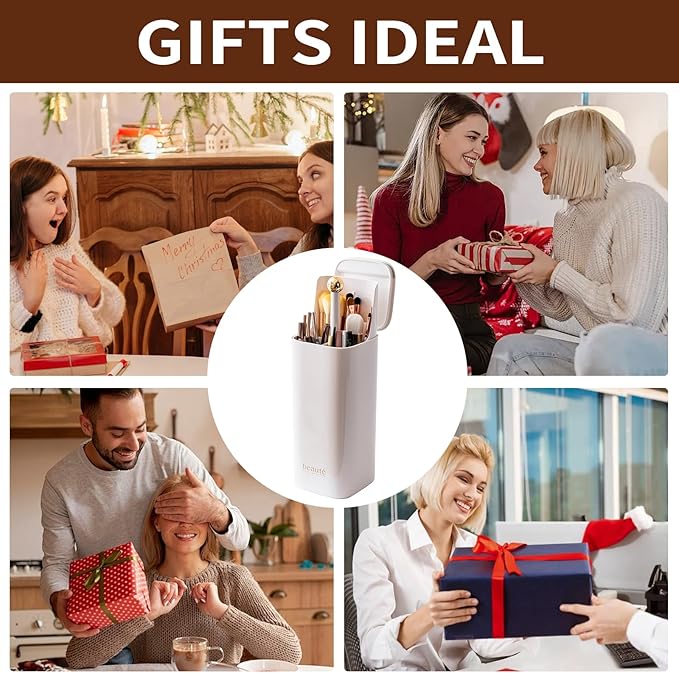 Makeup Brush Holder with Lid Cosmetic Tools Organizer(White