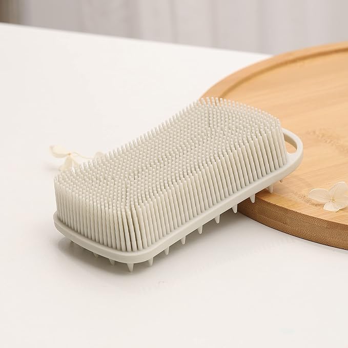 2 PC Silicone Exfoliating Body Scrubber, 2 in 1 Silicone Body Shampoo Brush, Soft Silicone Loofah for Sensitive Skin, Shower Silicone Hair Scalp Massager, Easy to Clean, Lather Well (Pink&Gray)