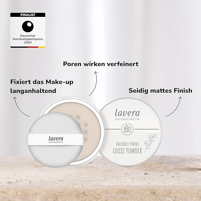 lavera Invisible Finish Loose Powder - Long Lasting Setting Powder - Sets Make Up & Provides Matte Finish - Transparent Face Powder - PETA Certified - Vegan - Made in Germany - 0.4 Oz