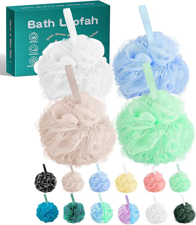 Amazerbst 4 Pack Bath Sponges Mesh Balls Shower Loofahs Wash Back Body Cleaning Scrubber Exfoliator Loofah Sponge Bathing Accessories Women Men