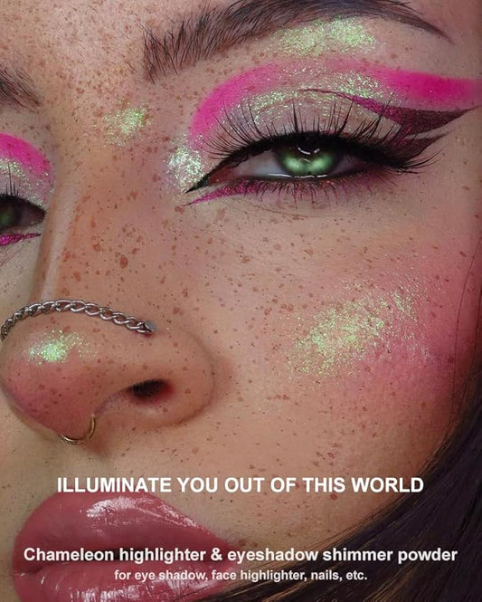 Afflano Chameleon Glitter Eyeshadow Metallic Eyes Makeup, Color Changing Holographic Multichrome Eyeshadow Shimmer, Highly Pigmented Duo Chrome Minerals Eye Shadow, Sparkling Face Highlighter