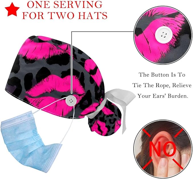 2 PCS Bouffant Cap with Button Ponytail Pouch Working Cap Sweatband Adjustable Surgical Cap Black and White Cow