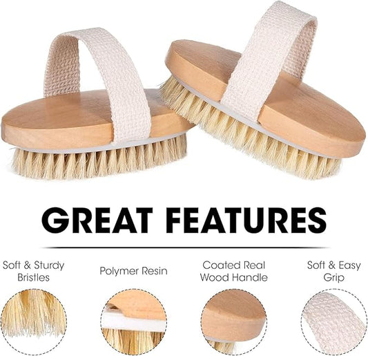 OPAZ Dry Body Brush 2 Pack β Natural Boar Bristles Exfoliating Brushing for Lymphatic Drainage, Cellulite, Acne Wooden Scrub with Strap for Bath, Shower & Self-Care