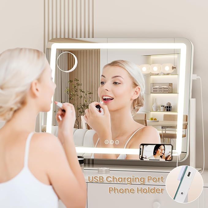 Dripex Vanity Mirror with Lights 24.5"x20" Large Makeup Mirror with Lights USB Charging Smart Touch 3 Colors Dimmable LED Lighted Makeup with Mirror 10X Magnification Phone Holder for Vanity Desk