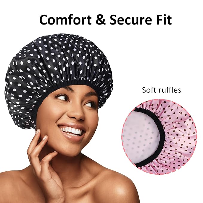 2-Pack Reusable Waterproof Shower Caps for Women, Double-Layer Elastic Bath hat,Extra Large Hair Cap for Long Curly HairοΌBlack, PinkοΌ