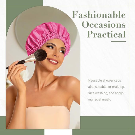 Reusable Shower Cap for Women, Large Waterproof Shower Essentials Bonnet Washable Elastic Band Bath Hair Wrap Hat for Long Hair, Braids(Rose Red)