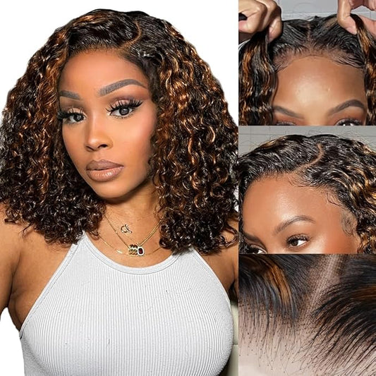 Glueless Wigs Human Hair Pre Plucked Pre Cut 1b/30 Lace Front Wigs Human Hair Wear And Go Ombre Curly Bob Wig 7x5 Lace Closure Wig Pre Everything Highlight Deep Wave Wig Human Hair 180% Density 12inch