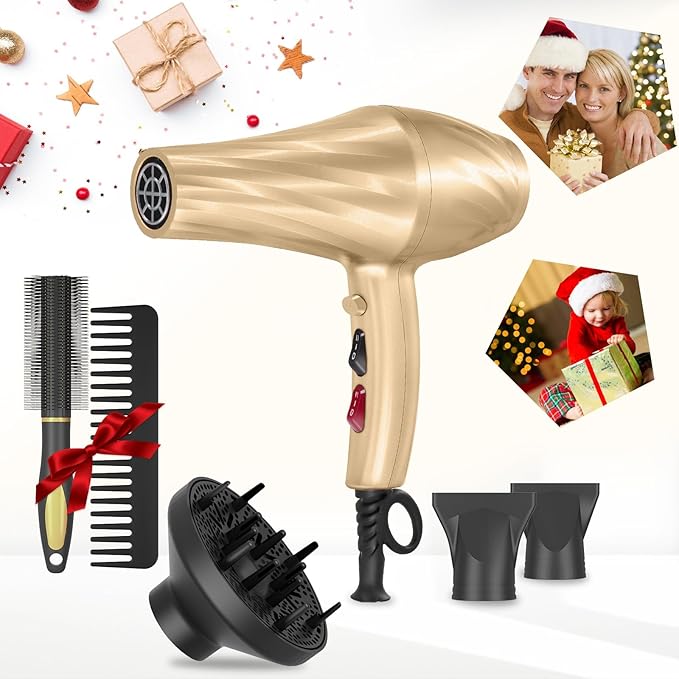 Ionic Hair Dryer,2400W Negative Ion Low Noise Hair Dryer Professional Fast Drying Hair Dryer with 2 Speeds, 3 Heat Settings, Cooling Button,with Diffuser for Curly and Straight Hair(Champagne Gold)