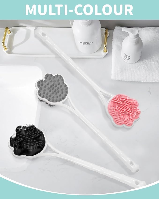 Manmihealth 15.7" Cute Silicone Back Scrubber with Long-Handle, Dual Use Back Brush for Shower with Super-Soft Silicone Bristles, Paw-Shaped Shower Body Scrubber for Sensitive Skin (Gray)