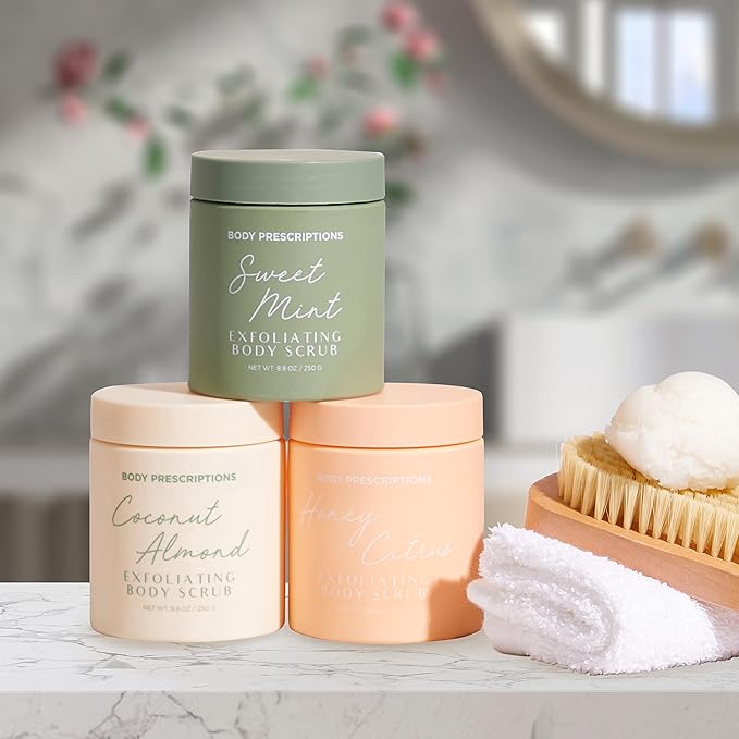 Body Prescriptions Exfoliating Body Scrub β Body Cleanser for Nourished, Ultra-Smooth Skin, Honey Citrus, Coconut Almond, and Sweet Mint