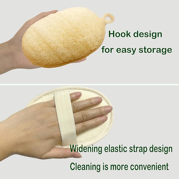 (3 PCS) Natural Loofah Sponge Exfoliating Body Scrubber,Made with Eco-Friendly and Biodegradable Shower Luffa Sponge, Loofah for Women and Men,with Rust-Proof Hook, Beige,11x16cm