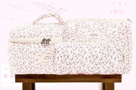 3PCS Makeup Bag Large Cosmetic Pouch Bag with Handle Cute Floral Small Makeup Bag for Purse, Quilted Cotton Skincare Storage Bag Travel Makeup Bag Set for Women, Bridesmaids, Gifts, Pink