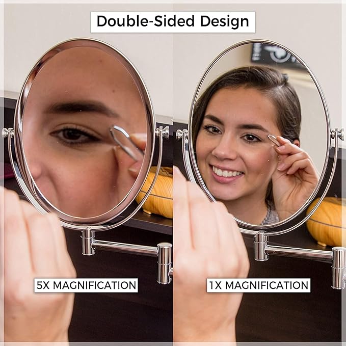 Wall Mounted Bathroom Makeup & Shaving Mirror, Double Sided 5X & 1X Magnification, 13-Inch Extension Swivel Arm, Oval 6.6" x 8.6" Glass Area, Chrome