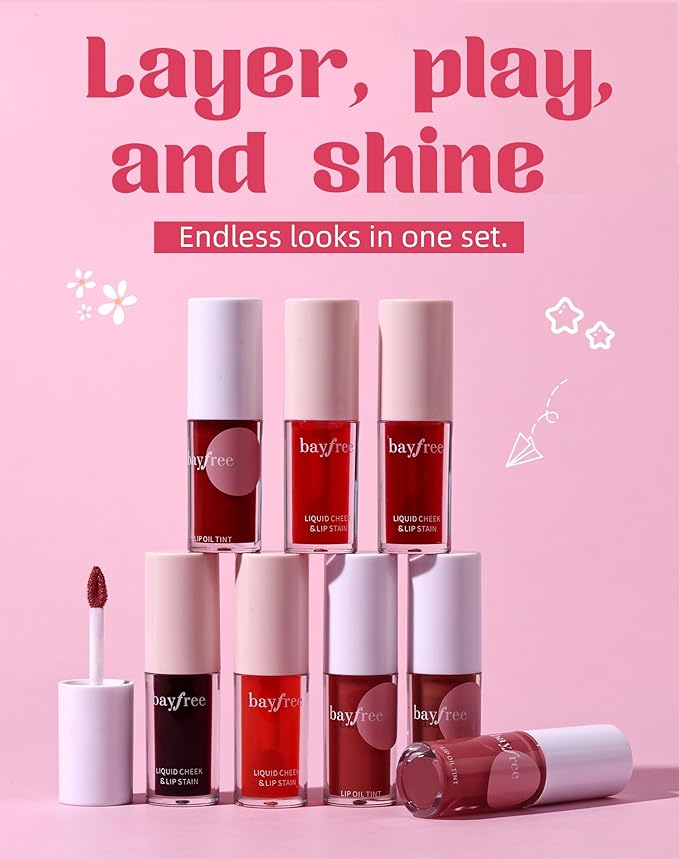 Tinted Lip Oil & Lip Stain Set, Korean Makeup, Smudge-Proof,Long-Wearing, 2-in-1 Cheek and Lip Tint with Moisturizing, High-Shine, Lightweight & Non-Sticky for Dry Lips, Cruelty-Free & Vegan