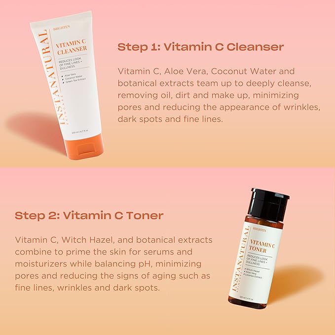 InstaNatural Vitamin C Four Step Skin Care Set with Face Wash, Toner, Serum & Moisturizer | All Natural Brightening & Hydrating Routine with Botanical Extracts β 1.68 Fl Oz (Pack of 4)
