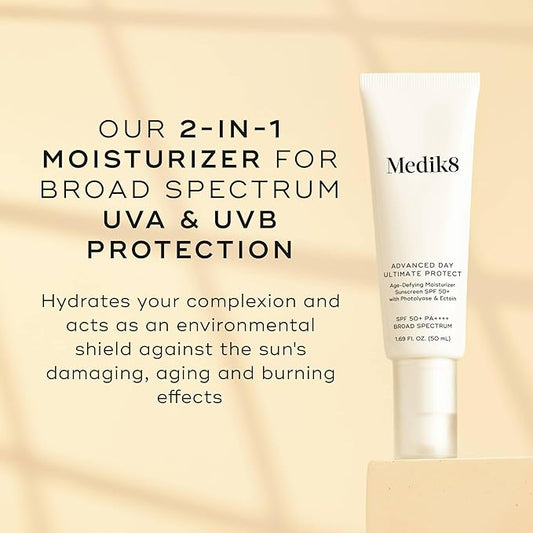 Medik8 Advanced Day Ultimate Protect - Daily Face Moisturizer with Hyaluronic Acid - SPF 50 UVA/UVB Sunscreen Protection - All Skin Types - 1.69 oz
