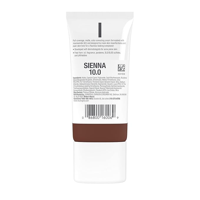 Neutrogena Clear Coverage Flawless Matte CC Cream, Full-Coverage Color Correcting Cream Face Makeup with Niacinamide (b3), Hypoallergenic, Oil Free & Fragrance Free, Sienna, 1 oz
