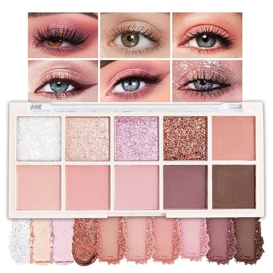 10 Colors Eyeshadow Palette, Matte&Glitter&Shimmer Eyeshadow Makeup, Naturing-Looking,High Pigment Waterproof Eye Shadow Palette Makeup, 100% Cruelty-free (08#Shimmer Pink)