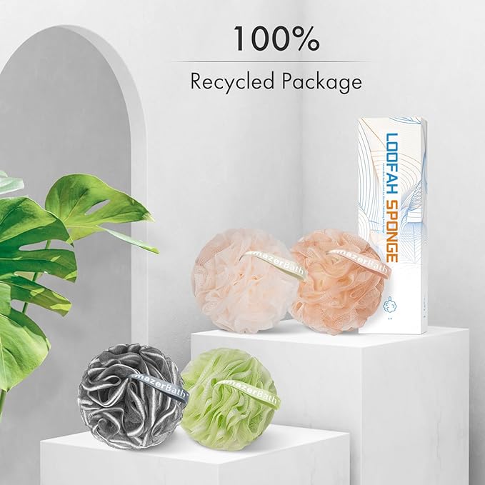 AmazerBath Bath Loofah Sponge (Pack of 4), Shower Loofah 60g/PCS Body Scrubber Loofa - Light Orange-Green-Grey-Beige, Bath Sponge for Men and Women