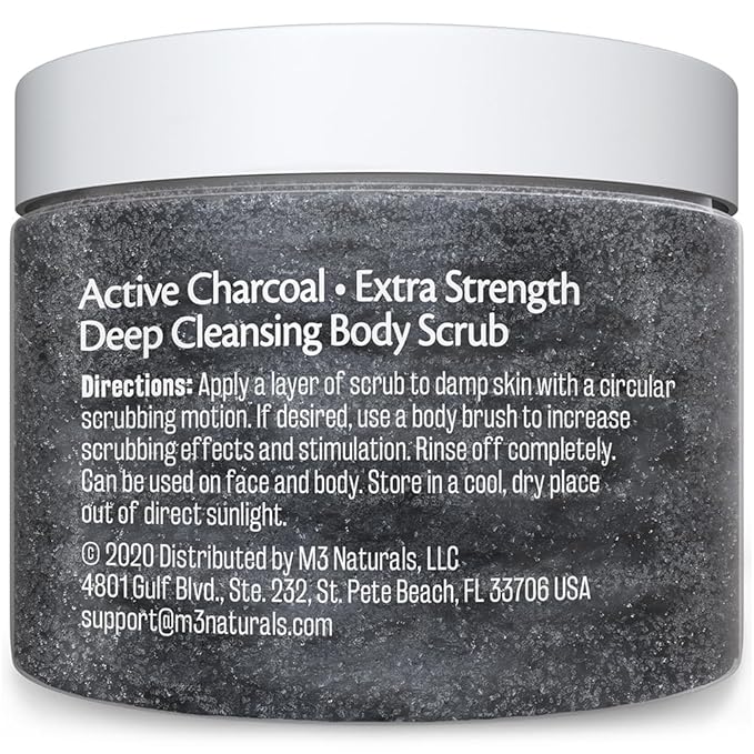 Exfoliating Charcoal Scrub with Collagen & Stem Cells β Salt Scrub for Body Toning, Cellulite, Armpit Detox, and Skin Smoothing for Face, Feet, and Body by M3 Naturals.