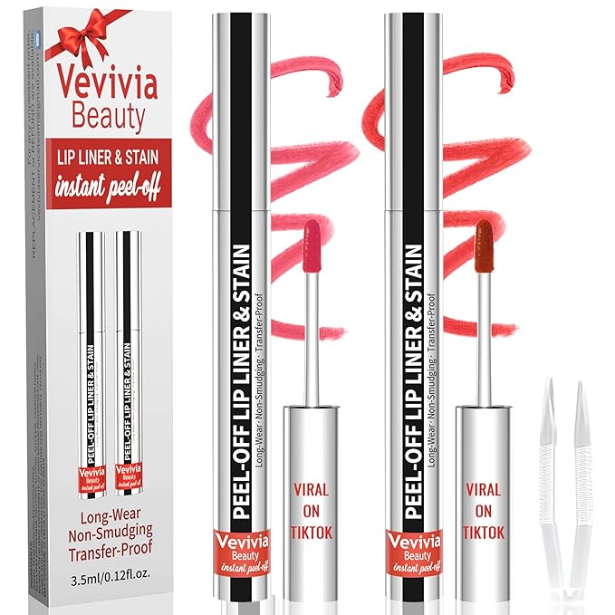 2pcs Lip Stain Peel Off - Lip Liner Stain Long Lasting Waterproof,2-in-1 Lip Liner with Tweezer Nude Matte,Non-Stick Cup,Highly PigmentedοΌNatural Finish,Stay On All Day,Perfect for Gift (Nude+Cocoa)