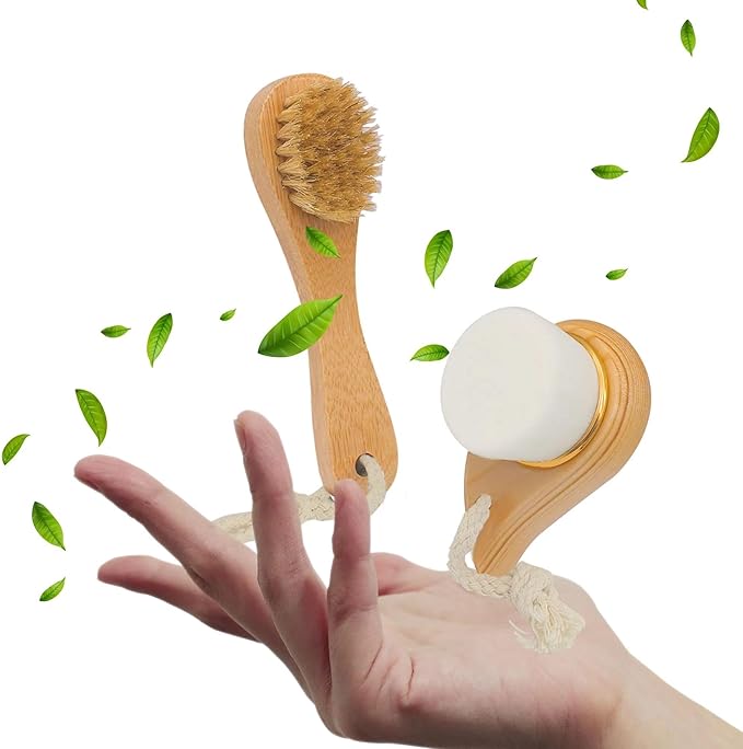 Premium Face Scrubber Set, Facial Cleansing Brush for Exfoliator, Natural Bristle Face Scrubber for Lymphatic Drainage, Unclog Pores, Sensitive Skin, Reduce Ance, Glowing, 2 Pack(Soft & Dry)