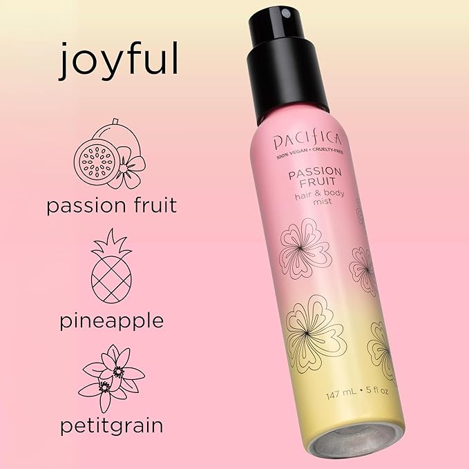 Pacifica Hair Mist Perfume & Full Body Spray for Women - Passion Fruit Body Mist Fragrance w/Pineapple, Orange Blossom, Vanilla, Sandalwood & Bergamot β Alcohol-Free, Vegan & Cruelty-Free, 5 oz