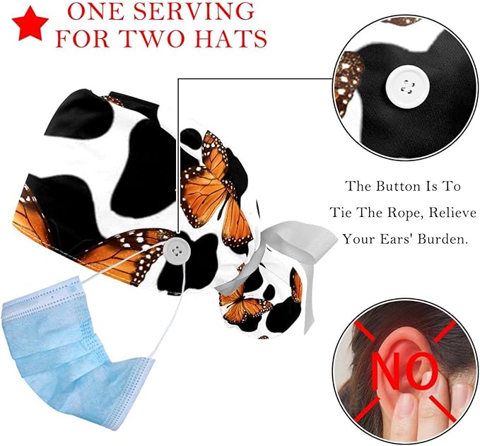 2 PCS Bouffant Cap with Button Ponytail Pouch Working Cap Sweatband Adjustable Surgical Cap Black and White Cow