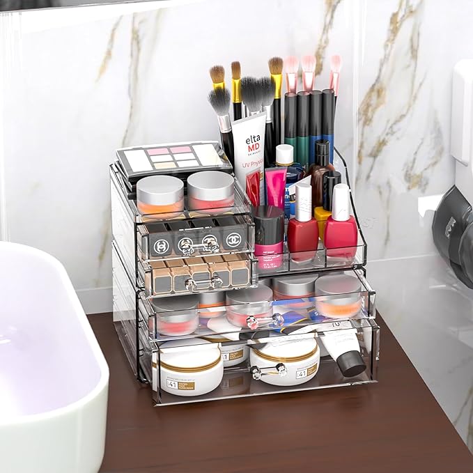 2 Pack Clear Cosmetic Organizer Countertop,Stackable 8 Drawer Acrylic Makeup Organizer and Skincare Organizer,Cosmetic Storage Organizer for Skin Care,Beauty Product,Perfume Organizers for Vanity