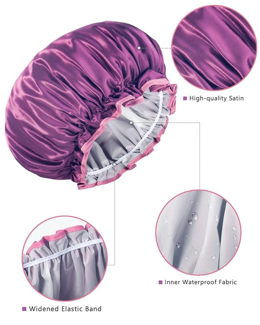 Aquior Shower Caps, Reusable Shower Cap for Women, Double Layer Waterproof Hair Cap, Large Size for All Hair Lengths,for Girls Spa Home Salon Use (purple)