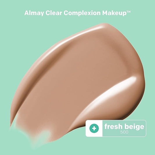 Almay Clear Complexion Acne Foundation Makeup with Salicylic Acid, Medium Coverage, Soft Matte Finish, Hypoallergenic, Cruelty- & Fragrance-Free, Dermatologist Tested, 500 Fresh Beige, 1 fl oz