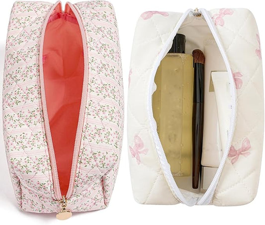 Makeup Bag Travel Cosmetic Bag for Women Girls, Zipper Make Up Pouch, Floral Flowers Toiletry Organizer Makeup, Portable Storage Cosmetic Travel Cloth Bag (Pink+Pink Bow Tie)