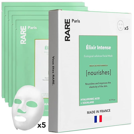 Γlixir Intense - Nourishing Facial Sheet Mask - Hydrating & Brightening - With Hyaluronic Acid & Squalene - Nourishing, Firming & Revitalizing - Multi-Active Serum Formula - 5 Pack