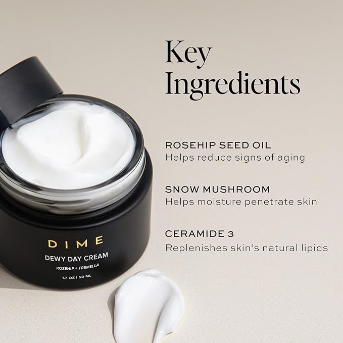 DIME Beauty Dewy Day Cream, Morning Face Moisturizer with Rosehip Oil and Snow Mushroom, 1.7 oz / 50 ml