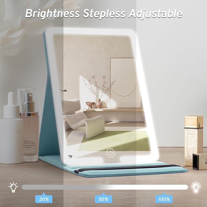 Travel Mirror with LED Lights - 8x5.5inch Lighted Makeup Mirror 3 Color Modes, Portable Vanity Mirror with Light of PU Leather, Desktop Cosmetic Light Up Mirror, Travel Accessories for Women