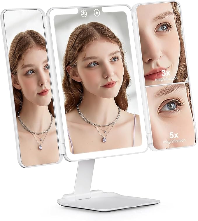 Travel Makeup Mirror, Rechargeable 1X/3X/5X Magnifying Trifold Makeup Mirror with Lights, 3 Color Lights, Touch Control Lighted Vanity Compact Mirror with Foldable Stand, White