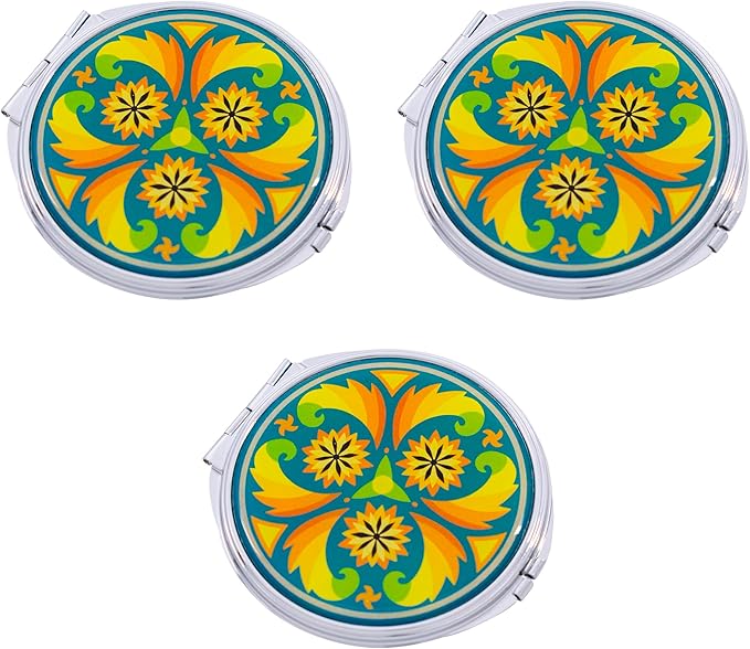 Stephanie Imports Set of 3 Double Sided Magnifying Compact Slim Mirrors with Printed Insert (Circle - Psychedelic Turquoise)