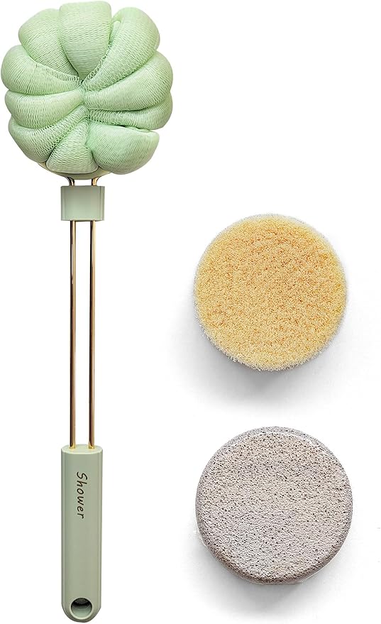 3-in-1 Back Scrubber for Shower Soft Bath Brush Long Handle for Skin Exfoliating Double-Sided Bath Loofah Exfoliating Massage Bristles Suitable for Wet, Women & Men(Green) (RH660-GREEN)