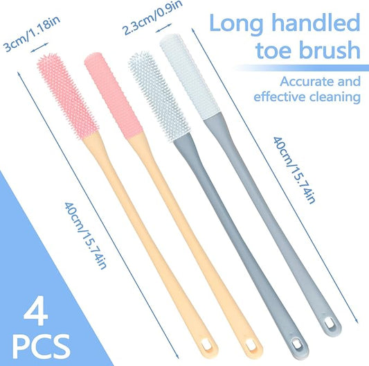 Huakaile 4 Pack Toe Cleaning Brush Set, Silicone Foot Scrubber in Shower with Long Handle, Feet Cleaner for Gap Lotion Women Men Elderly Massage Exfoliating (Gray, Pink, 4 Pack)