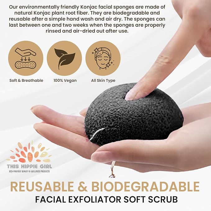 This Hippie Girl | Konjac Exfoliating Organic Facial Sponge | Plant Based Gentle Exfoliating Face Scrubbie | Acne Control Sponge | Charcoal Black (Black)