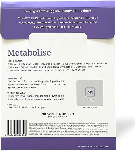 Metabolise Patch | 5-HTP, Guarana, L-Carnitine, Fucus, Zinc, Yerba Mate, Raspberry Ketone | 30 Patches