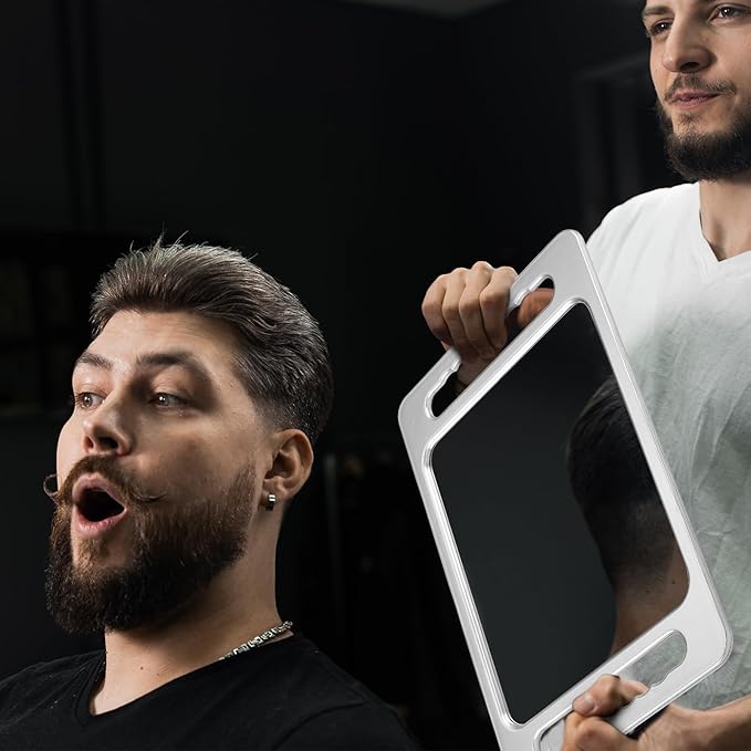 Kigley 2 Pcs Large Hand Mirror with Double Handle Barber Mirror Unbreakable Rectangular Hand Held Hair Salon Equipment Hairstylist and Barber Accessories, 15.75 x 9.84 Inches/ 40 x 25 cm (Silver)