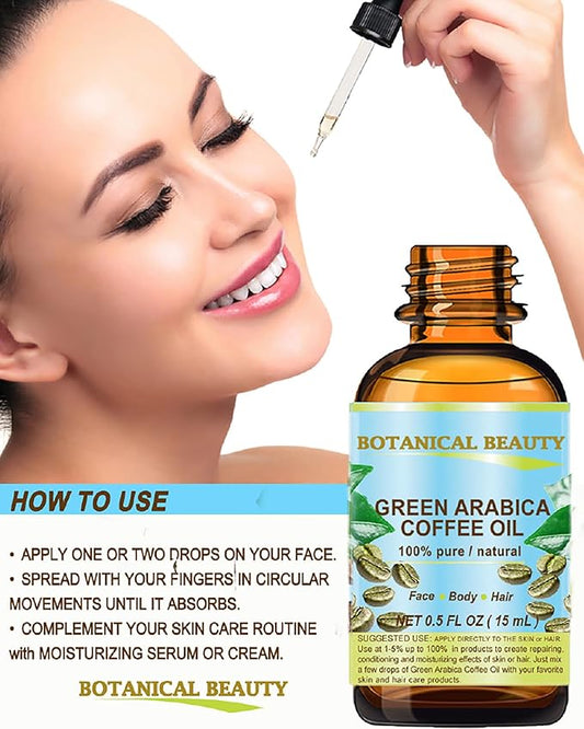 Botanical Beauty GREEN ARABICA COFFEE OIL Brazilian 100% Pure Virgin Unrefined 0.33 Fl.oz- 10 ml. for Face, Skin, Hair, Lip, Nails. Anti - aging face Oil