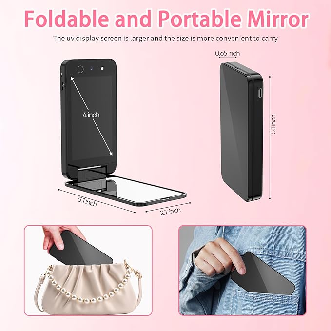 DESCHEN 2500mAh Rechargeable UV Camera UV Mirror for Sunscreen Test, 4 Inch Portable Double-Sided Travel Smart UV Lens Compact Detection Makeup Sunscreen Testing Camera Mirror, Skin Sun Protection