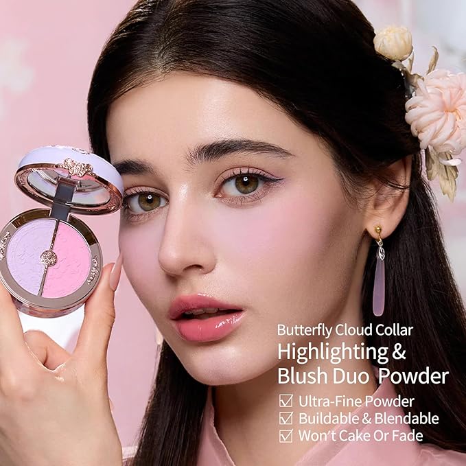 Flower Knows Butterfly Cloud Collar Rouge Box Highlighting & Blush Duo Powder,Blue+Pink Matte Finish Blush & Highlighter Palette,Buildable & Blendable Makeup Blush for cheeks(04 Fluttering Romance)