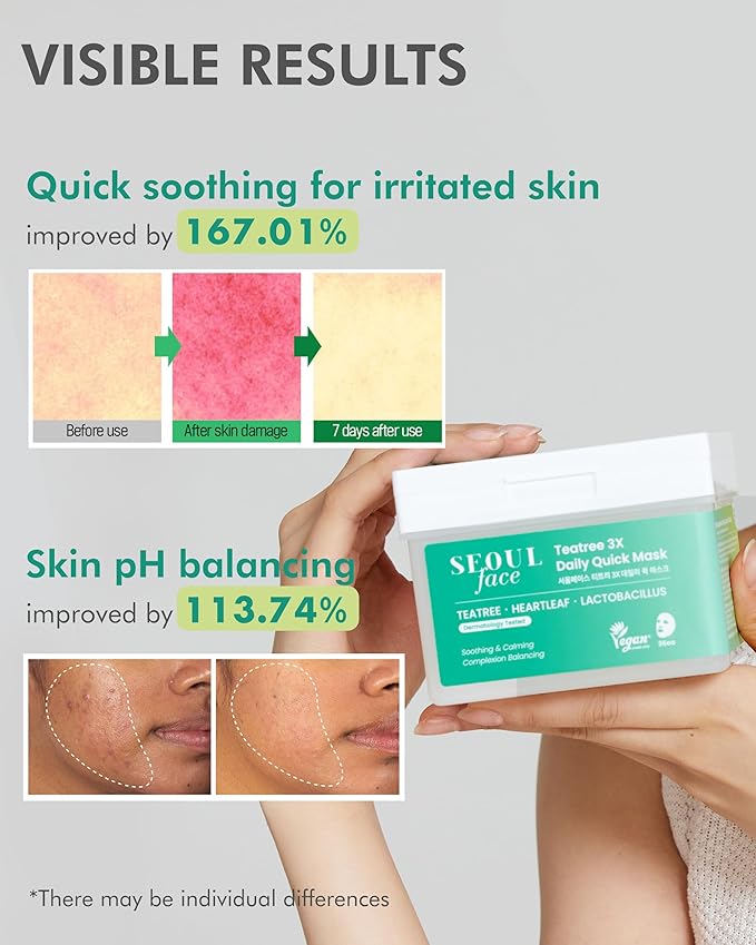 DERMAL Seoul Face Teatree 3X Daily Quick Mask 36 Sheet β Korean Skincare Vegan Tencel Facial Masks - Calming, Soothing, Blemish Control Face Mask Sheets with Heartleaf Extract, Lactobacillus