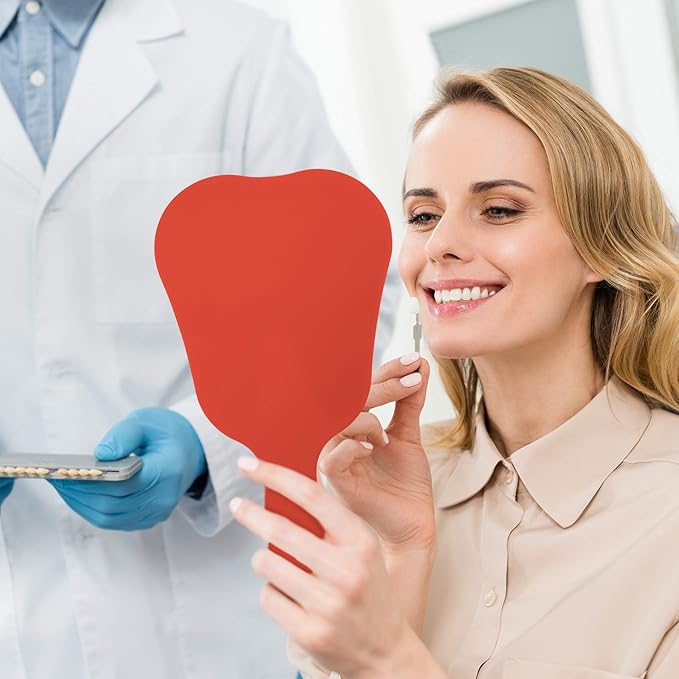 Annhua Dental Hand Mirror Small Handheld Mirrors with Handle Red, Tooth Shaped Mirror Hand Held Makeup Face Mirror for Salon|Dentist Clinic|Barber|Hairdressing