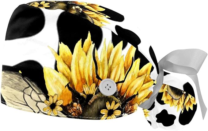2 PCS Bouffant Cap with Button Ponytail Pouch Working Cap Sweatband Adjustable Surgical Cap Black and White Cow