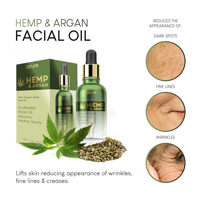 Azure Cosmetics Hemp & Argan Nourishing Korean Facial Oil - Moisturizing | Repairing | Lifts Skin Reducing Appearance Of Wrinkles, Fine Lines & Creases - 50mL / 1.69 fl.oz.