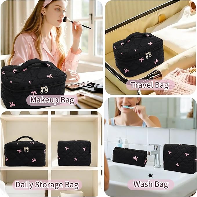 3Pcs Cotton Quilted Makeup Bag Set,Large Floral Cosmetic Bag,Aesthetic Toiletry Travel Makeup Bag Set and Cute Flower Bag for Women Girls (Black Pink Bow)